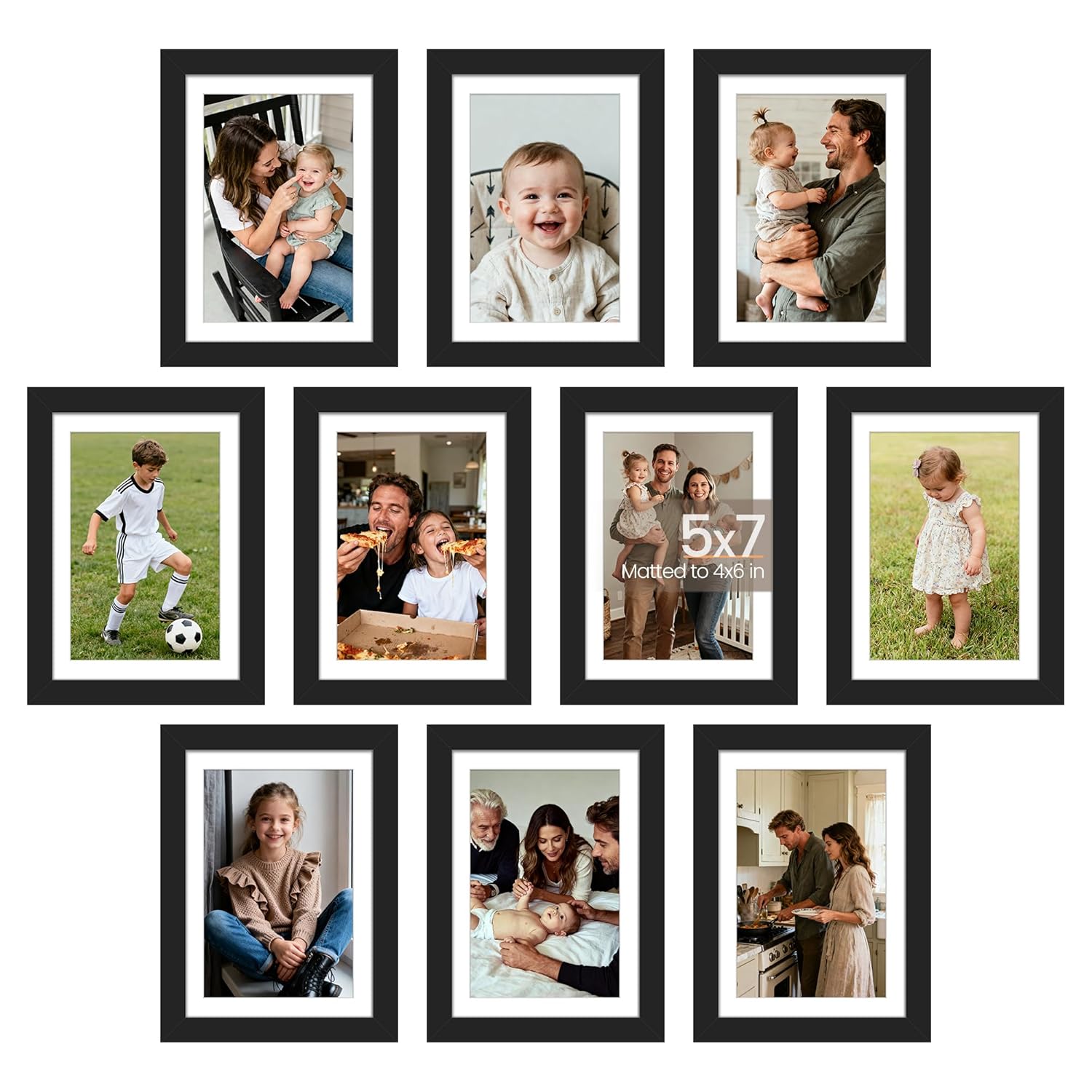 upsimples 5x7 Picture Frame Set of 10, Display Pictures 4x6 with Mat or 5x7 Without, Multi Photo Frames Collage for Wall or Tabletop Display, Black