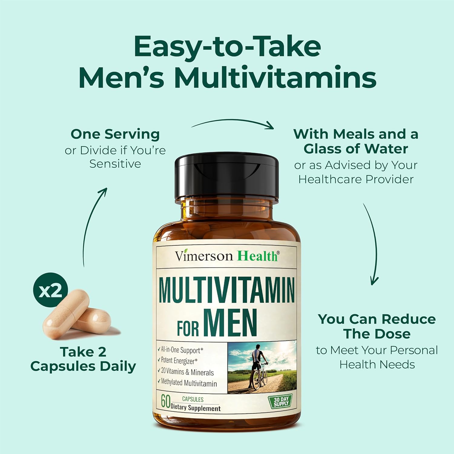 Methylated Multivitamin for Men with Bioavailable Vitamins, Chelated Minerals, Vitamin D, B12, C, A & Zinc for Energy, Focus and Immune Health – Premium Mens Multivitamins & Multiminerals – 60 Caps