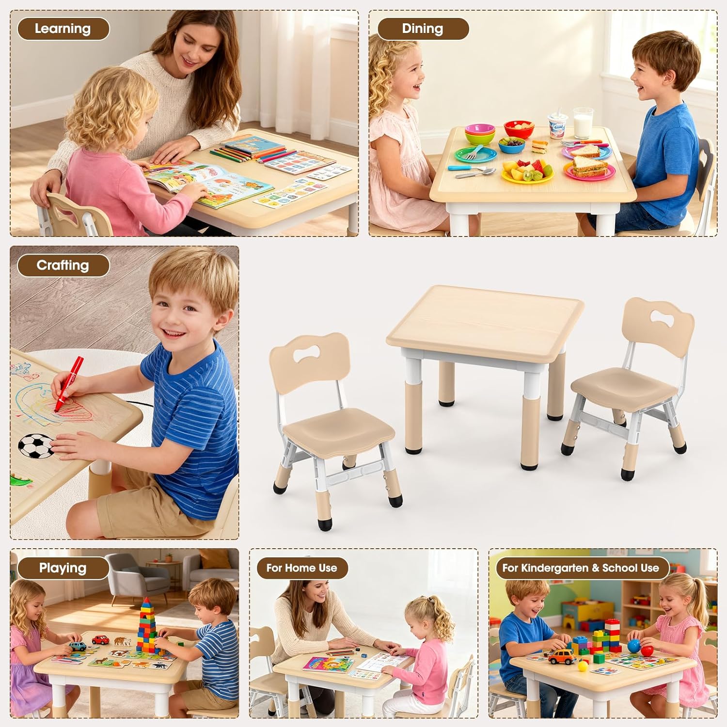 HLPB Kids Table and 2 Chairs Set, Adjustable Height, Graffiti Desktop, Non-Slip Legs, 23.6''L x 23.6''W Toddler Multi-Activity Table for Ages 2-8, Max 300lbs, for Daycare, Classroom, Home