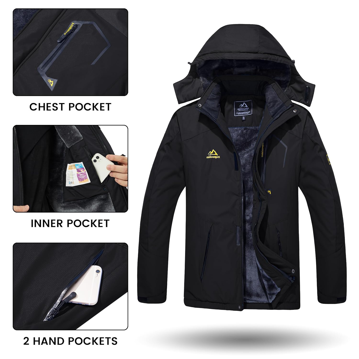 TACVASEN Men's Winter Skiing Jackets Water Resistant Fleece Coats Insulated Thermal Snowboard Jacket Parka Raincoat with Hood