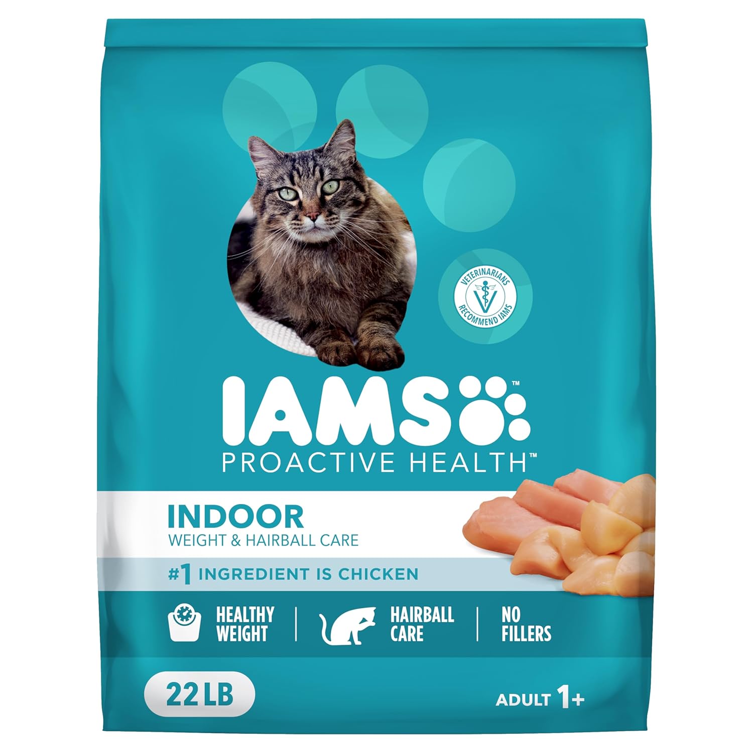 IAMS Proactive Health Indoor Weight Control & Hairball Care Adult Dry Cat Food, Chicken & Turkey Recipe, 22 lb. Bag