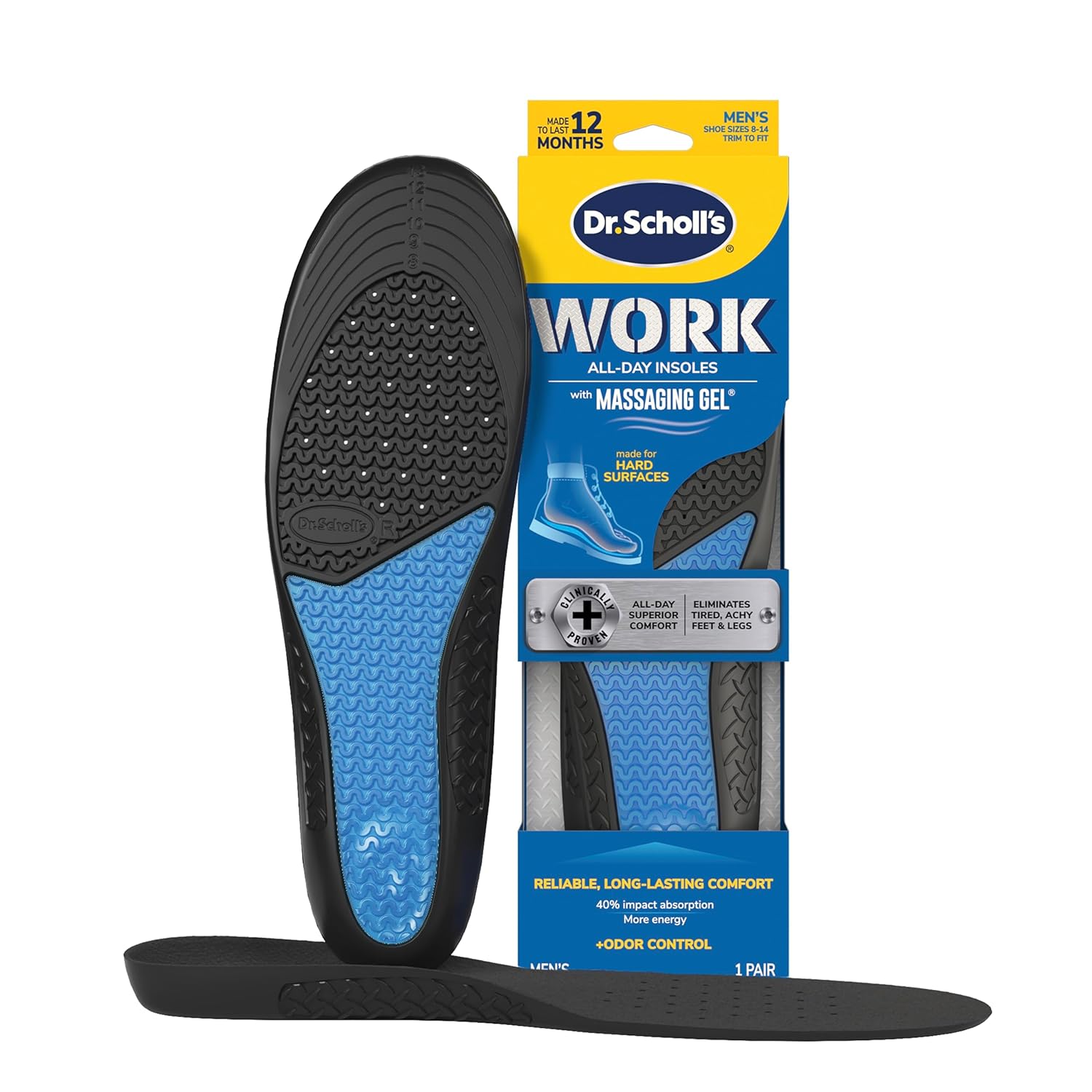 Dr. Scholl's Work All-Day Superior Comfort Insoles (with) Massaging Gel, Men, 1 Pair, Trim to Fit