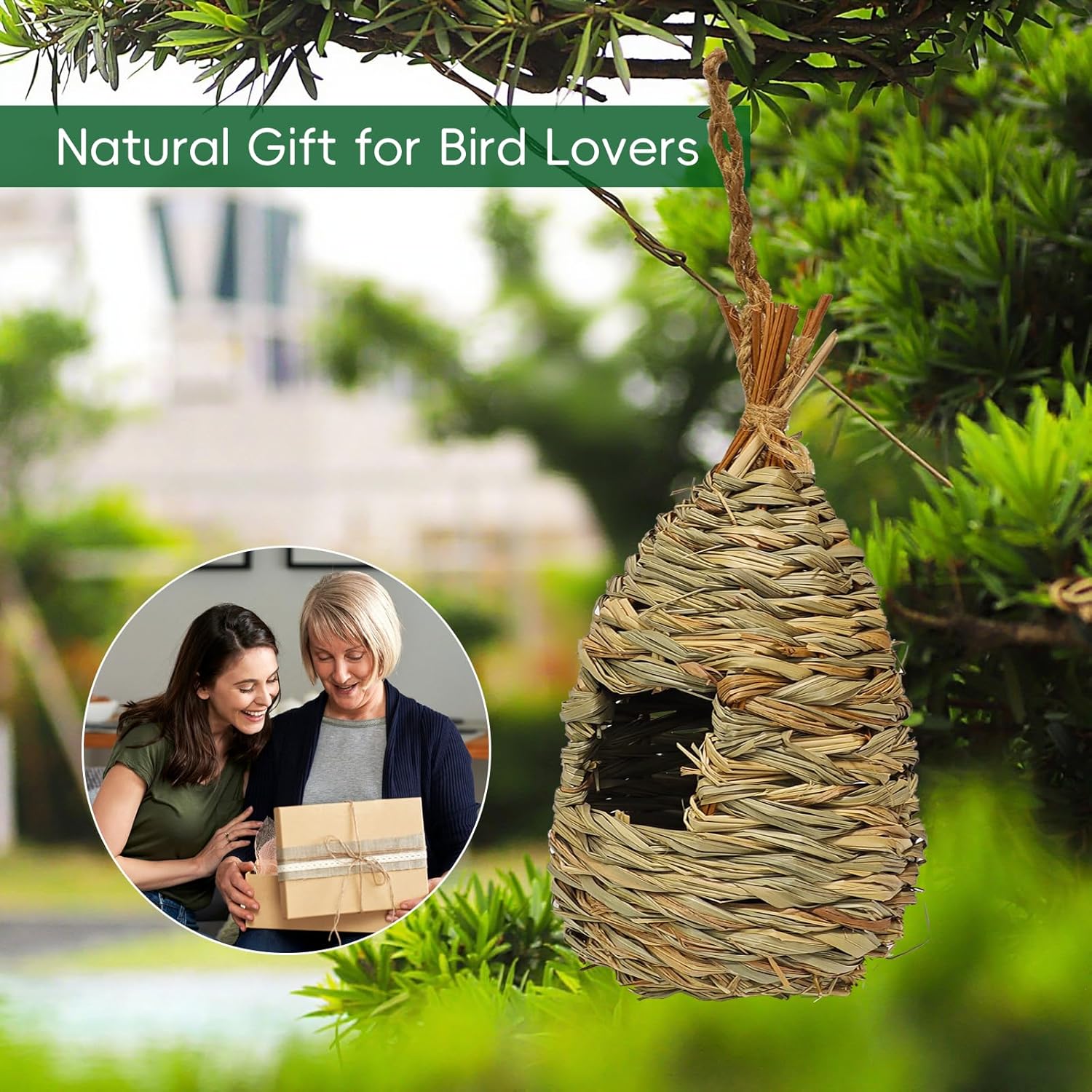 Gute Hummingbird Houses for Outside Hanging, Natural Grass Hanging Bird Hut, Hand Woven Bird Nest, Large Wren Finch Bird House for Garden Window Outdoor Home Decoration, 3 Pack