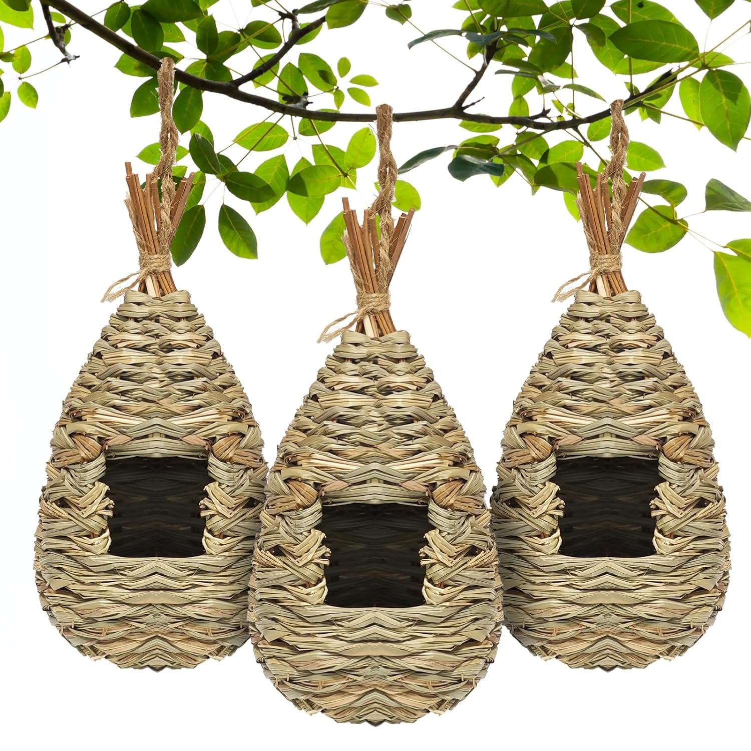 Gute Hummingbird Houses for Outside Hanging, Natural Grass Hanging Bird Hut, Hand Woven Bird Nest, Large Wren Finch Bird House for Garden Window Outdoor Home Decoration, 3 Pack