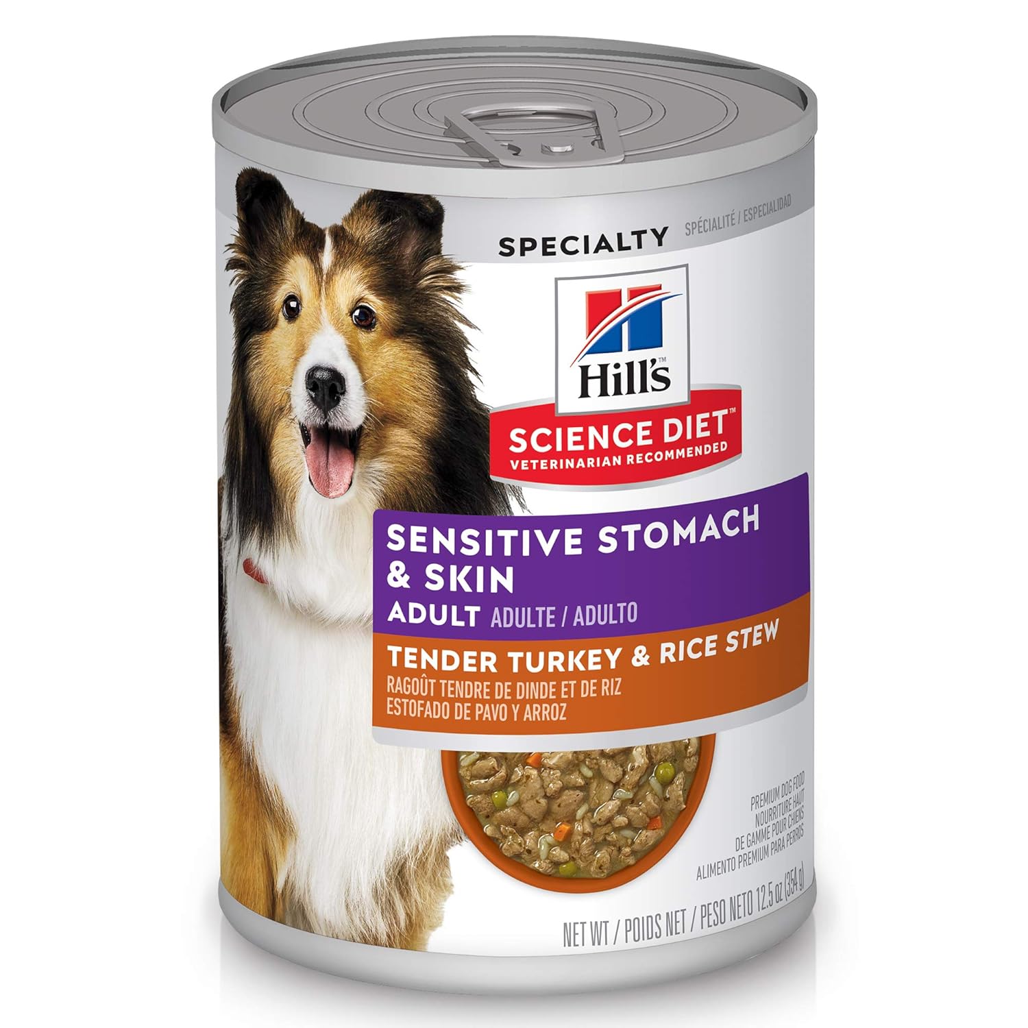 Hill's Science Diet Sensitive Stomach & Skin, Adult 1-6, Stomach & Skin Sensitivity support, Wet Dog Food, Turkey & Rice Stew, 12.5 oz Can, Case of 12
