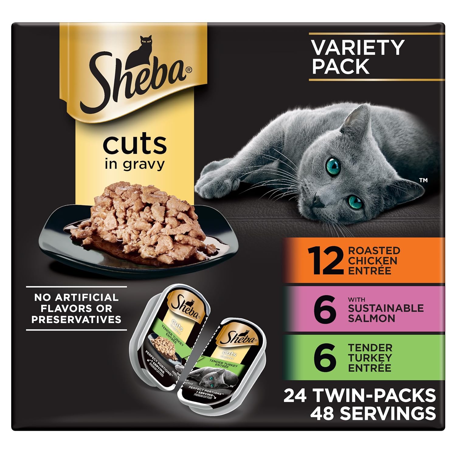 Sheba Perfect Portions Wet Cat Food Cuts in Gravy, Cat Food Wet Recipe, Roasted Chicken Entree, with Sustainable Salmon, Tender Turkey Entree, 2.6 oz. Twin-Pack Trays (24 Count, 48 Servings)