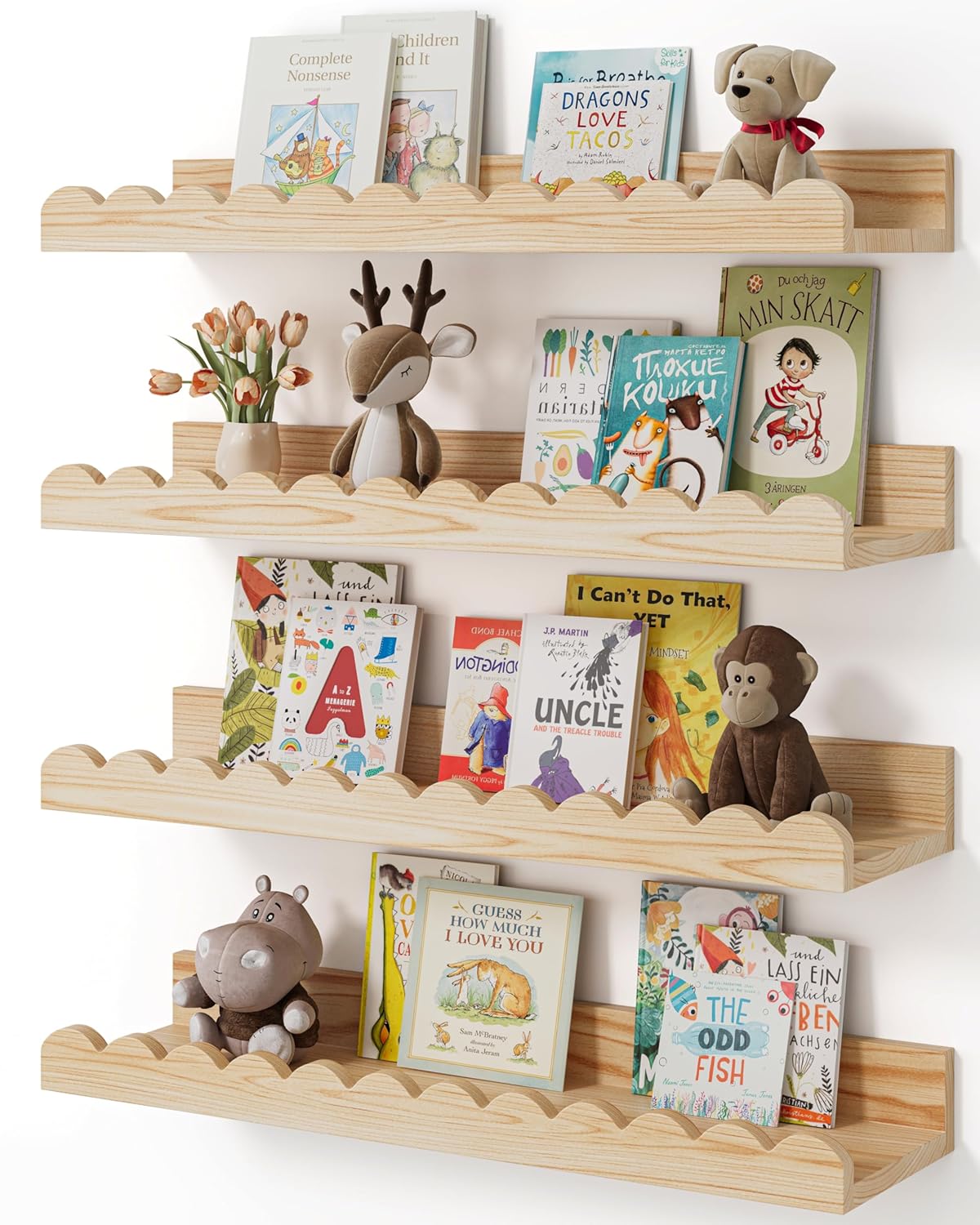 Floating Wall Bookshelves for Kids Room - 4 Pack Wood Shelves