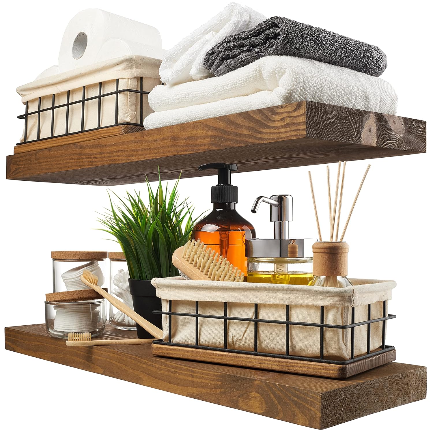 BAOBAB WORKSHOP Wood Floating Shelves, Bathroom Shelf 24 inch, Walnut Floating Shelf for Wall Mounted, Solid Wooden Wall Shelves for Bedroom Kitchen, Walnut Finish, 24 x 6.7, Set of 2