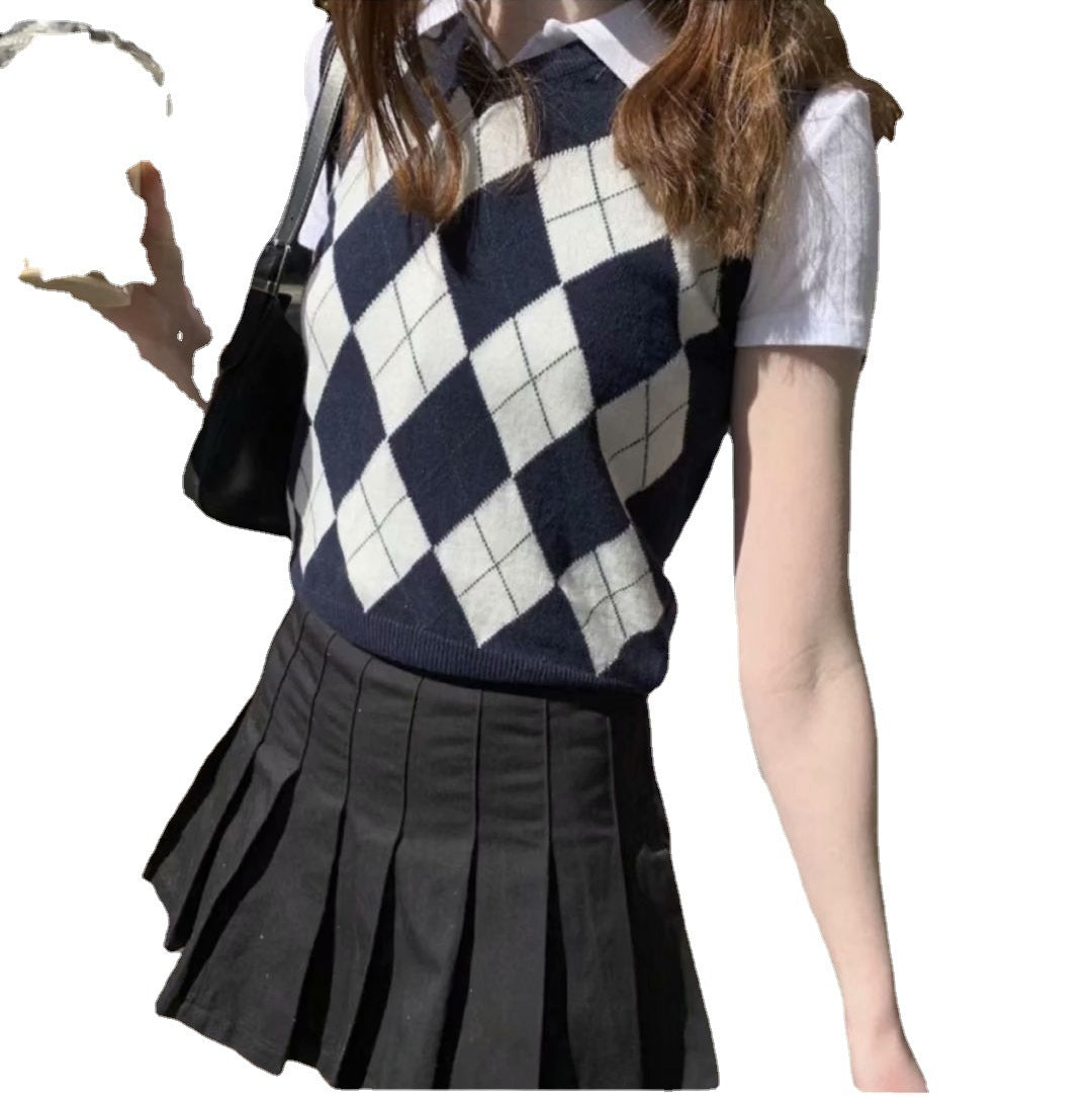 Retro Preppy Style Versatile Diamond-Check BM Knitted Vest - TRYSHOPPY