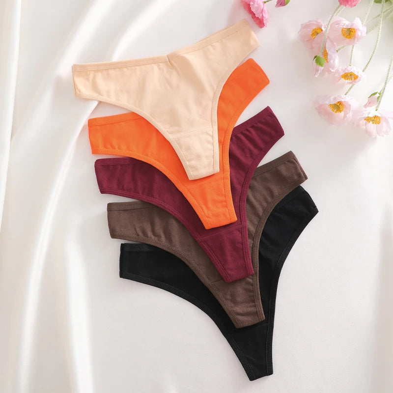 5PCS/Set Women Cotton Thongs Seamless Low Rise Underwear Sexy V-Waist Breathable T-Back Solid Color Girls Comfortable Lingerie