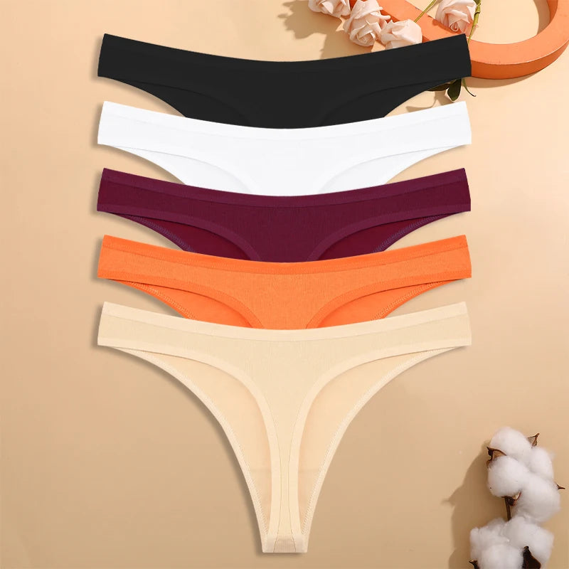 5PCS/Set Women Cotton Thongs Seamless Low Rise Underwear Sexy V-Waist Breathable T-Back Solid Color Girls Comfortable Lingerie