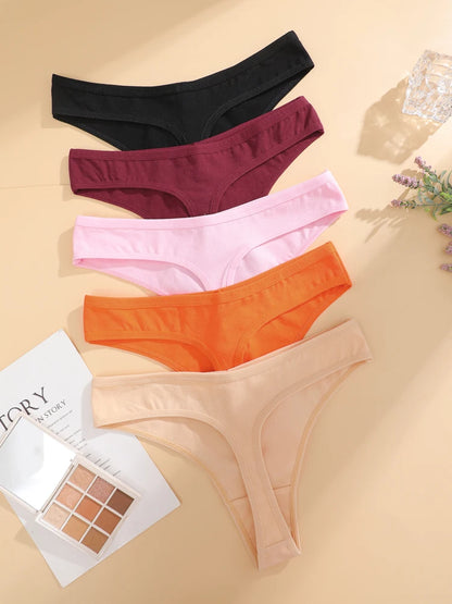 5PCS/Set Women Cotton Thongs Seamless Low Rise Underwear Sexy V-Waist Breathable T-Back Solid Color Girls Comfortable Lingerie