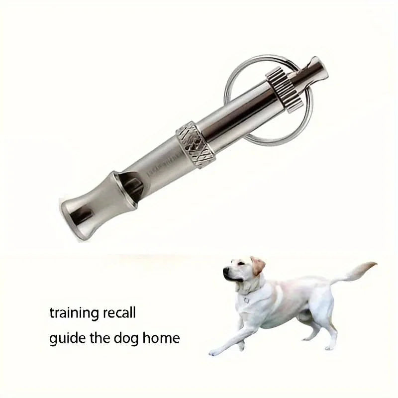 Dog training whistle with a dog illustration and text on a white background