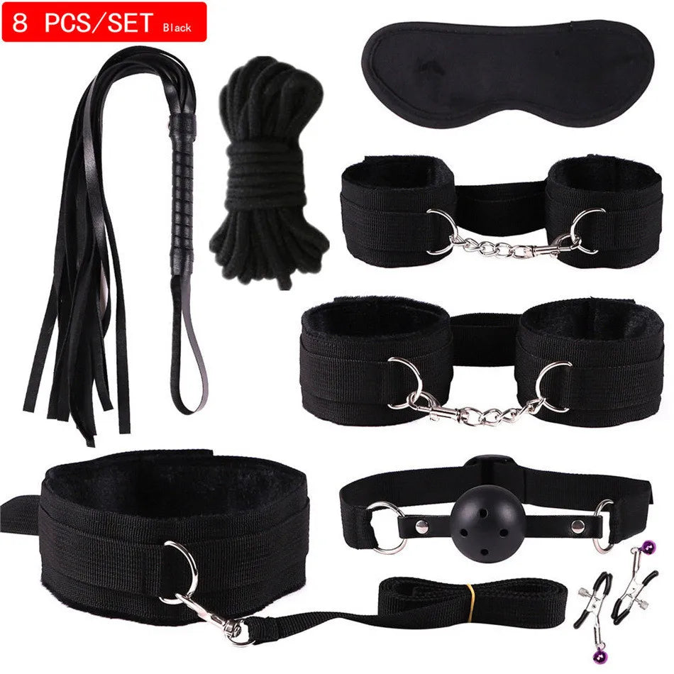 Exotic Accessories Nylon Sex Bondage Set Sexy Lingerie Handcuffs Whip Rope Anal Vibrator Adult Sex Toy for Couples