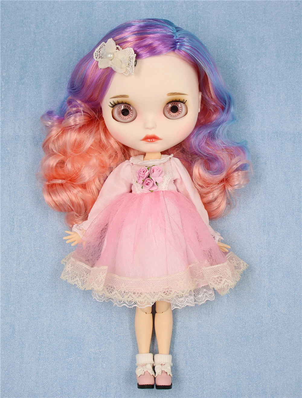 ICY DBS Blyth doll 1/6 bjd joint body dark skin shiny face blue hair white skin matte face Multi-colored hair 30CM toy anime