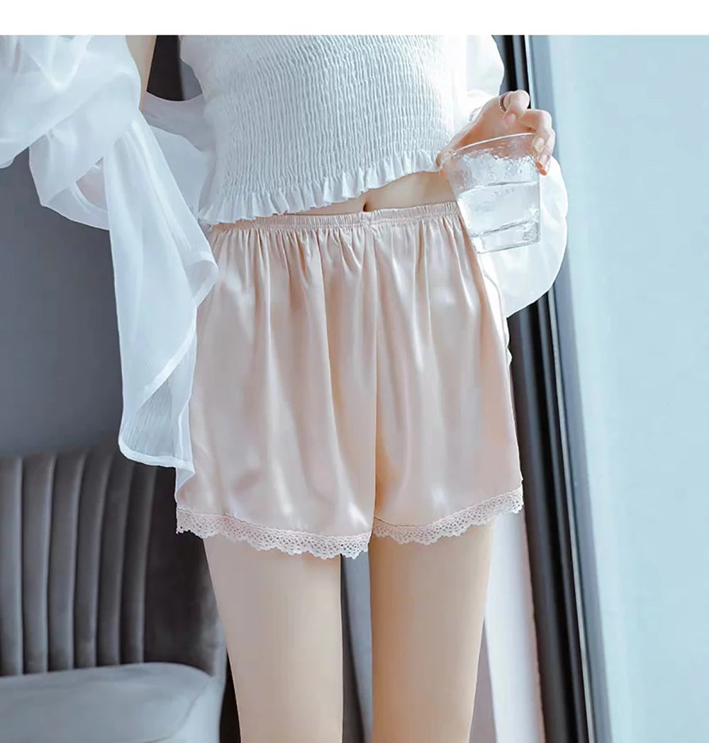 Women Spring Summer Satin Silk Lace Safety Shorts Pants Sweet Loose Elastic Home Sleep Shorts Nightwear Bottom Thin Pajamas