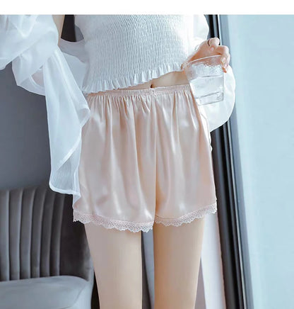 Women Spring Summer Satin Silk Lace Safety Shorts Pants Sweet Loose Elastic Home Sleep Shorts Nightwear Bottom Thin Pajamas