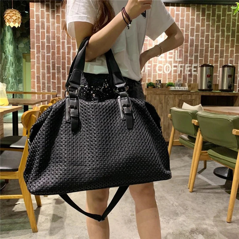 Women's Large Capacity Polyester Travel Tote Bag – Zipper Closure, Black
