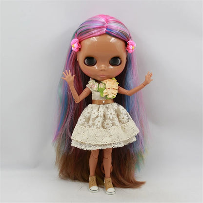 ICY DBS Blyth Doll colorful hair Multi-colored hair Joint body dark skin shiny face 1/6 bjd 30cm toy