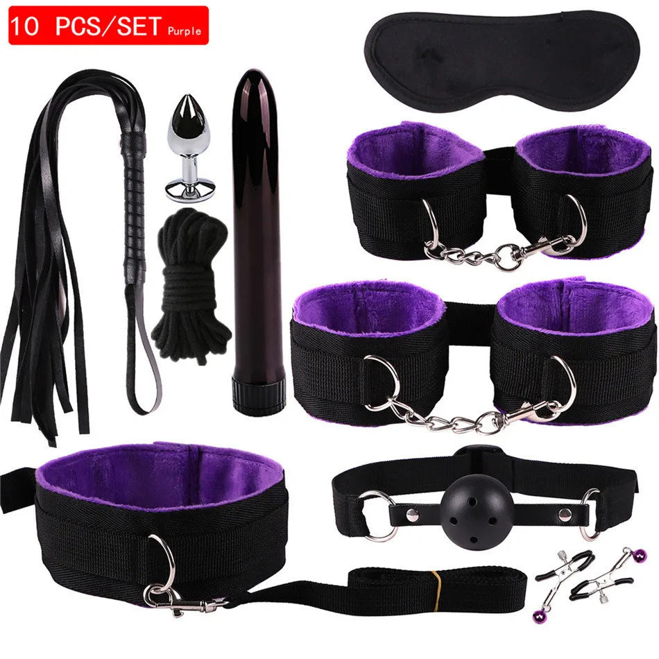 Exotic Accessories Nylon Sex Bondage Set Sexy Lingerie Handcuffs Whip Rope Anal Vibrator Adult Sex Toy for Couples