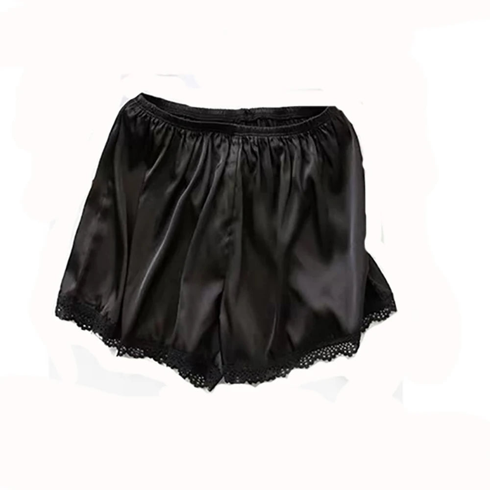Women Spring Summer Satin Silk Lace Safety Shorts Pants Sweet Loose Elastic Home Sleep Shorts Nightwear Bottom Thin Pajamas