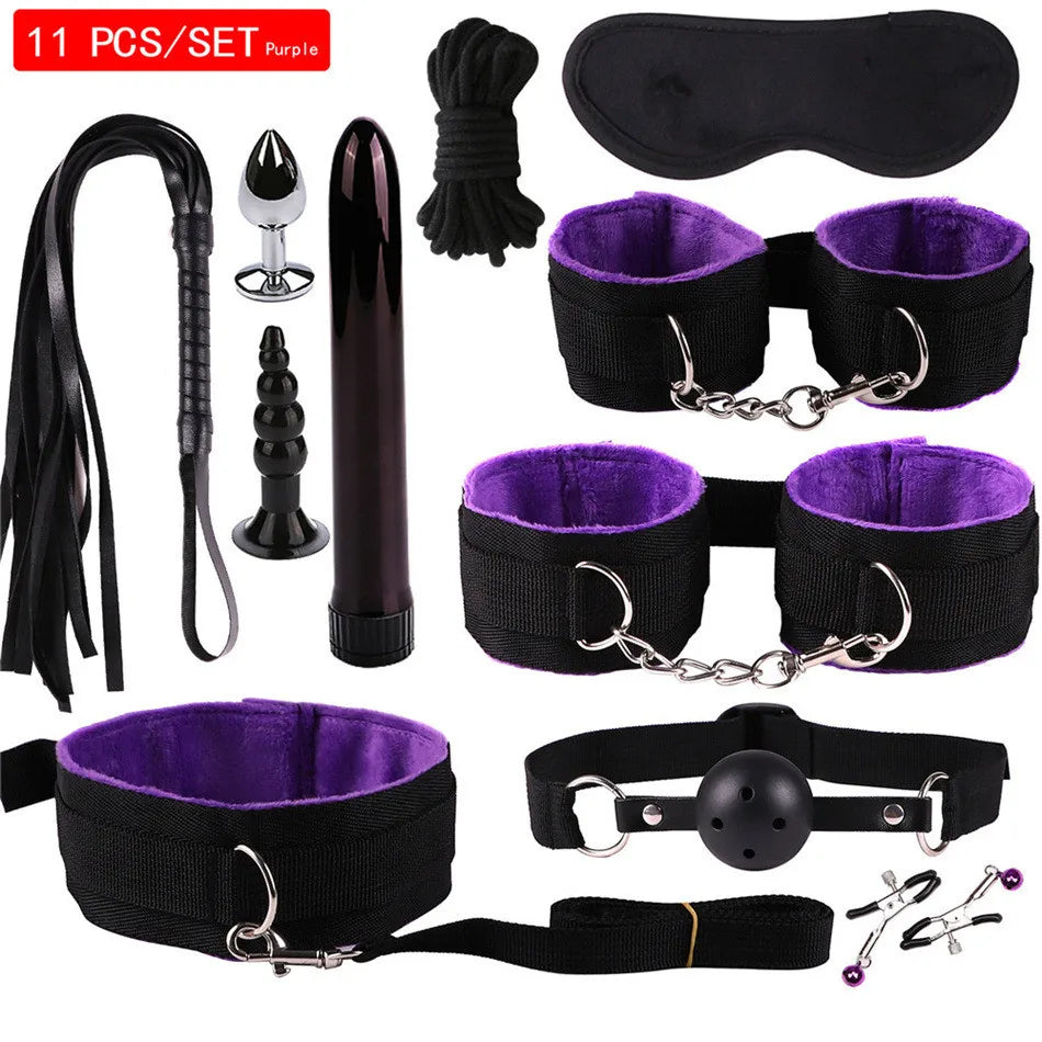 Exotic Accessories Nylon Sex Bondage Set Sexy Lingerie Handcuffs Whip Rope Anal Vibrator Adult Sex Toy for Couples