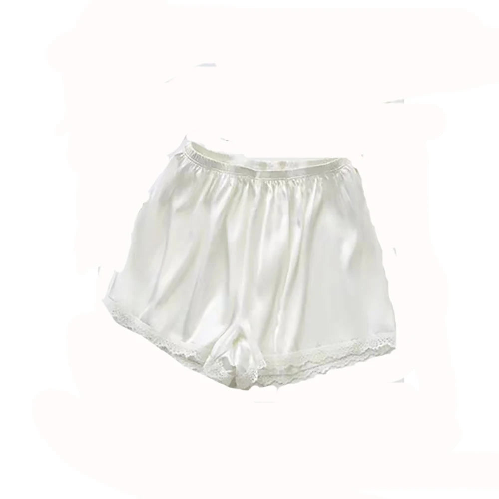 Women Spring Summer Satin Silk Lace Safety Shorts Pants Sweet Loose Elastic Home Sleep Shorts Nightwear Bottom Thin Pajamas