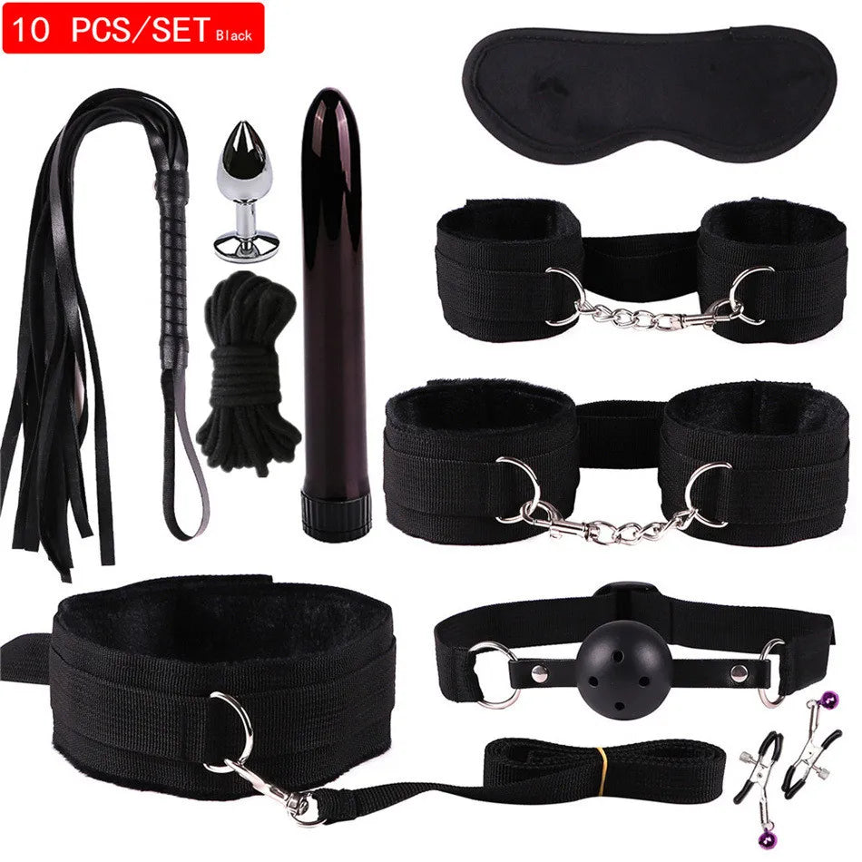 Exotic Accessories Nylon Sex Bondage Set Sexy Lingerie Handcuffs Whip Rope Anal Vibrator Adult Sex Toy for Couples