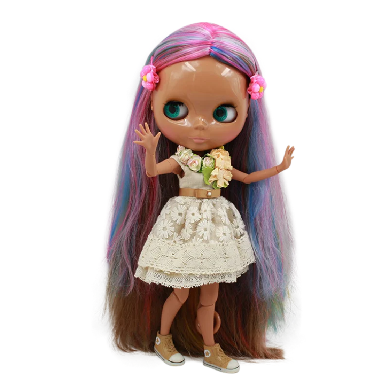 ICY DBS Blyth Doll colorful hair Multi-colored hair Joint body dark skin shiny face 1/6 bjd 30cm toy