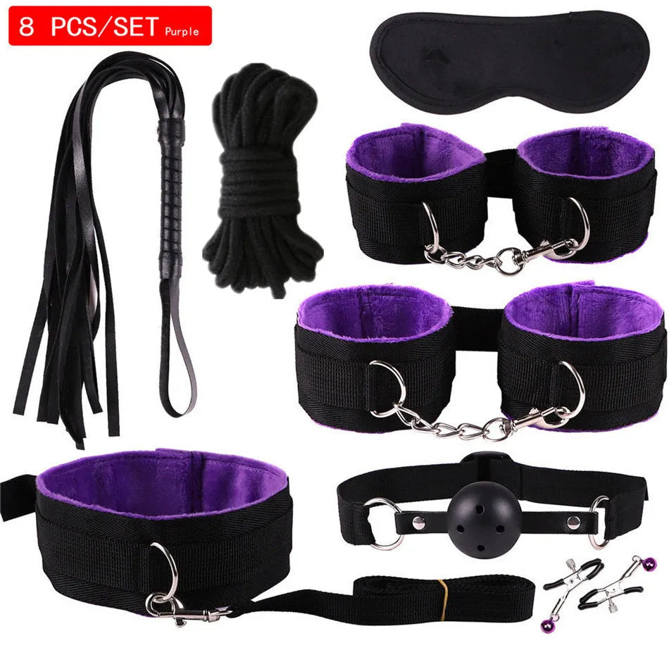 Exotic Accessories Nylon Sex Bondage Set Sexy Lingerie Handcuffs Whip Rope Anal Vibrator Adult Sex Toy for Couples