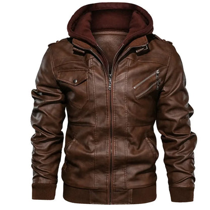 Men's Hooded Faux Leather Biker Jacket