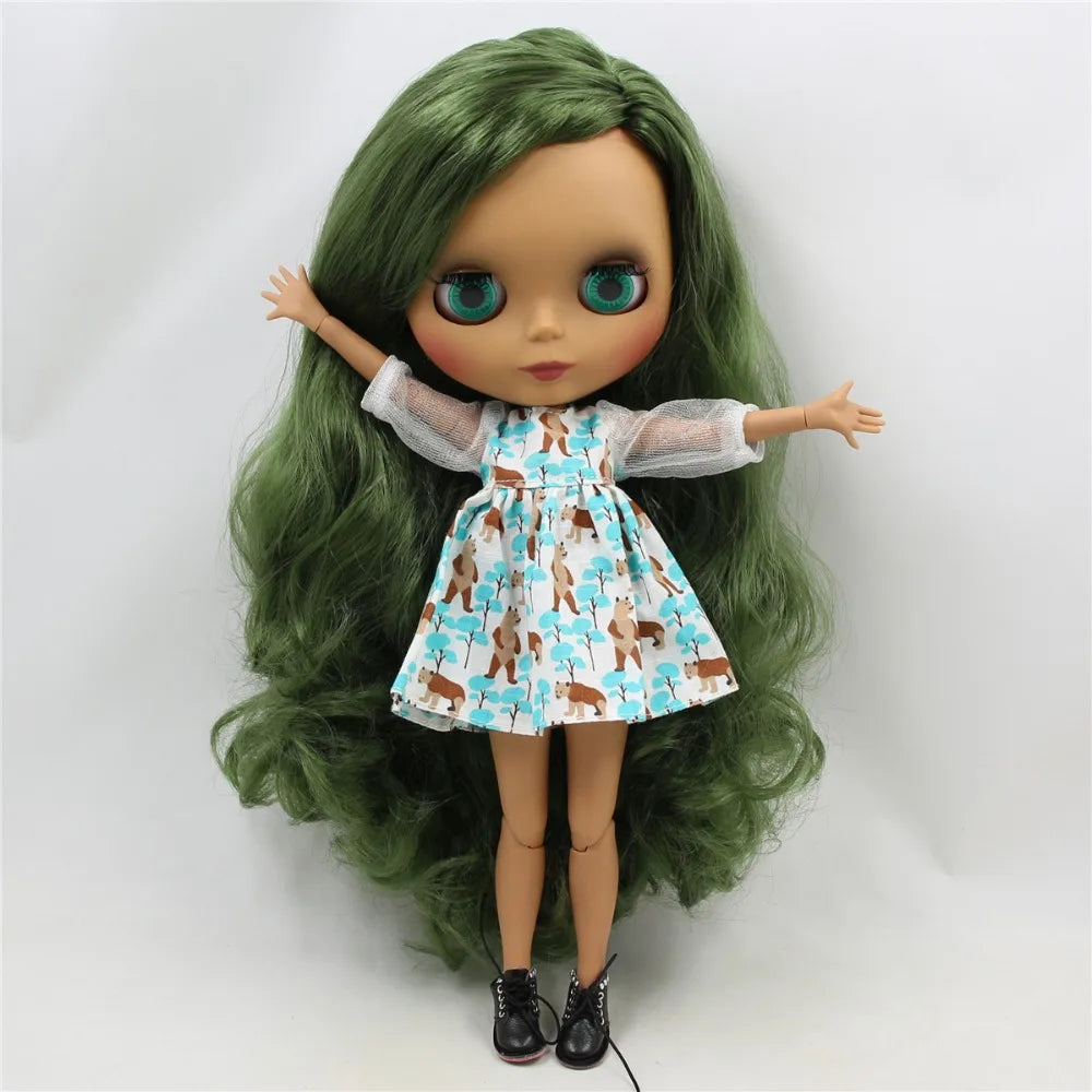 ICY DBS Blyth doll 1/6 bjd joint body dark skin matte face green hair 30cm toy girls gift
