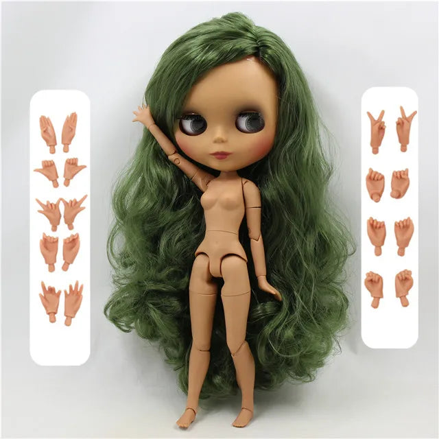 ICY DBS Blyth doll 1/6 bjd joint body dark skin matte face green hair 30cm toy girls gift