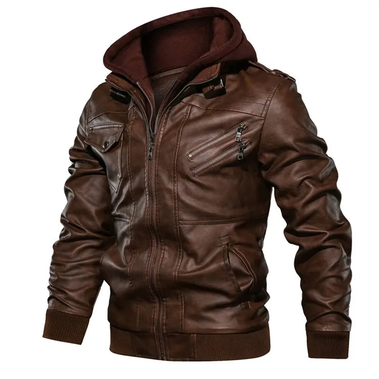 Men's Hooded Faux Leather Biker Jacket