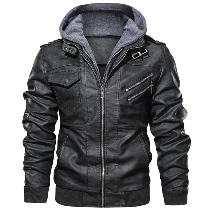 Men's Hooded Faux Leather Biker Jacket