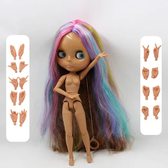 ICY DBS Blyth Doll colorful hair Multi-colored hair Joint body dark skin shiny face 1/6 bjd 30cm toy