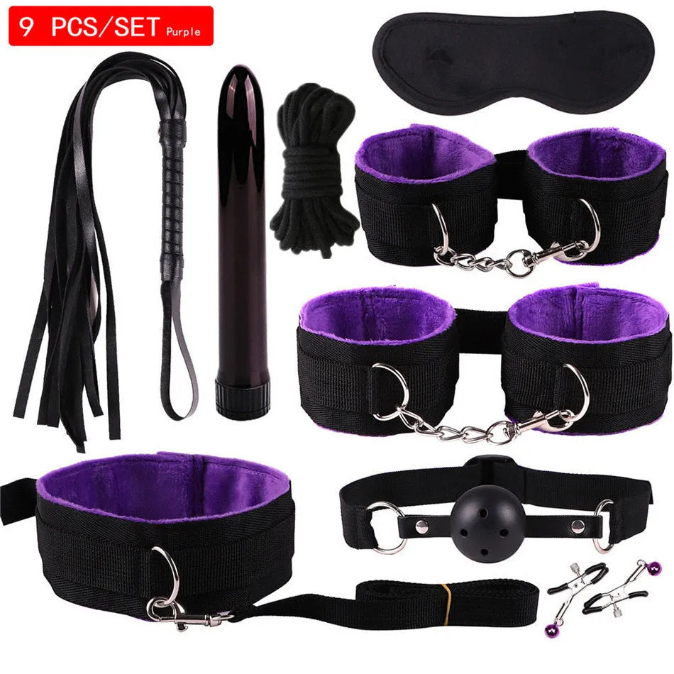 Exotic Accessories Nylon Sex Bondage Set Sexy Lingerie Handcuffs Whip Rope Anal Vibrator Adult Sex Toy for Couples