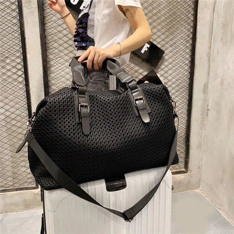 Women's Large Capacity Polyester Travel Tote Bag – Zipper Closure, Black