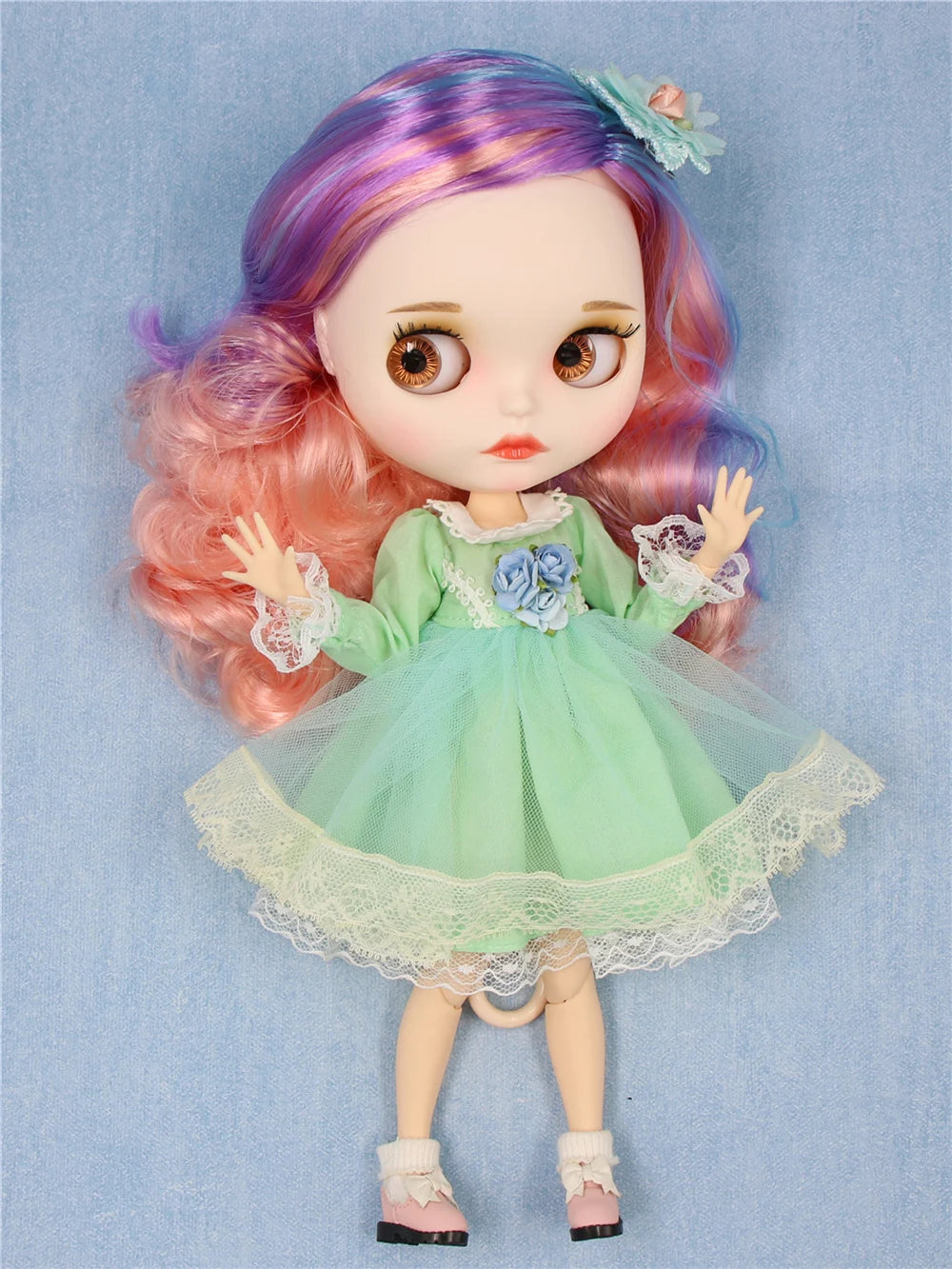 ICY DBS Blyth doll 1/6 bjd joint body dark skin shiny face blue hair white skin matte face Multi-colored hair 30CM toy anime