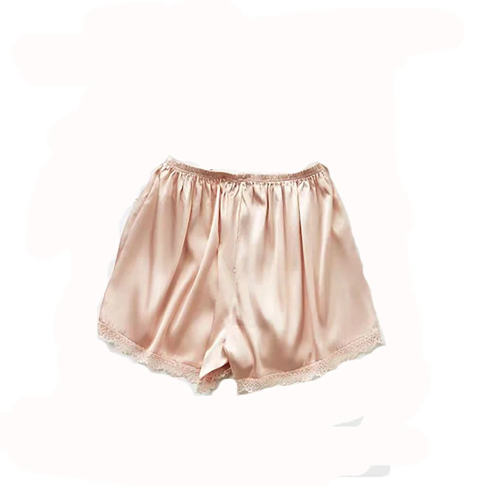 Women Spring Summer Satin Silk Lace Safety Shorts Pants Sweet Loose Elastic Home Sleep Shorts Nightwear Bottom Thin Pajamas