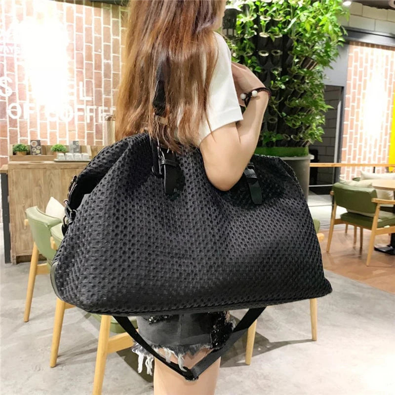 Women's Large Capacity Polyester Travel Tote Bag – Zipper Closure, Black