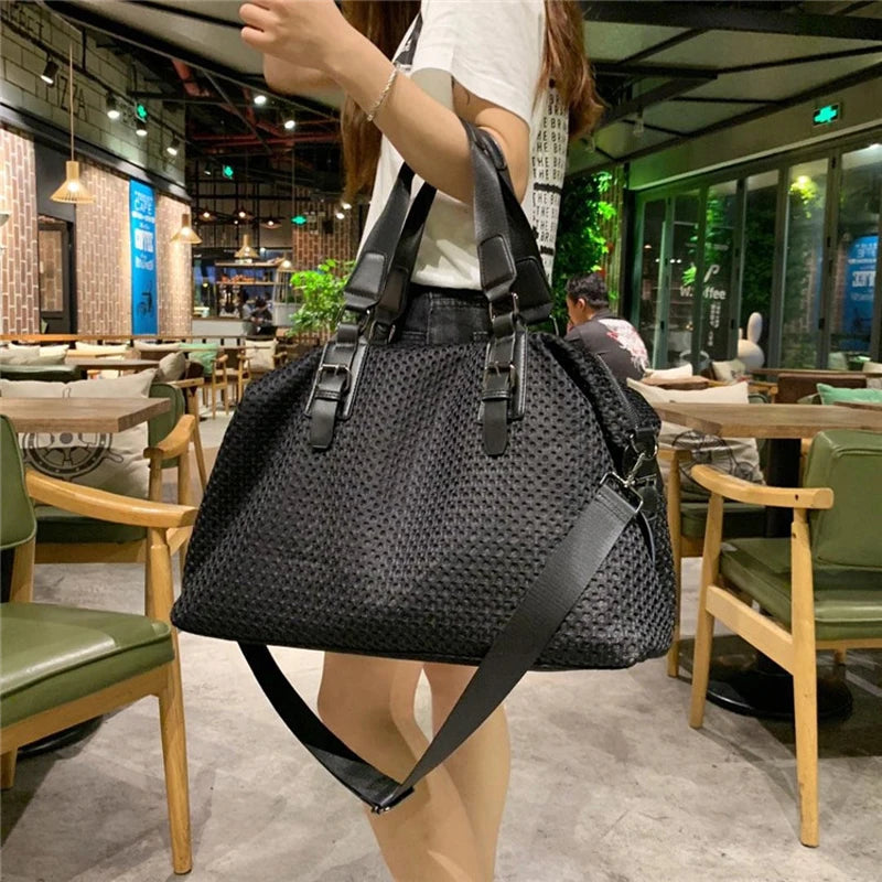 Women's Large Capacity Polyester Travel Tote Bag – Zipper Closure, Black