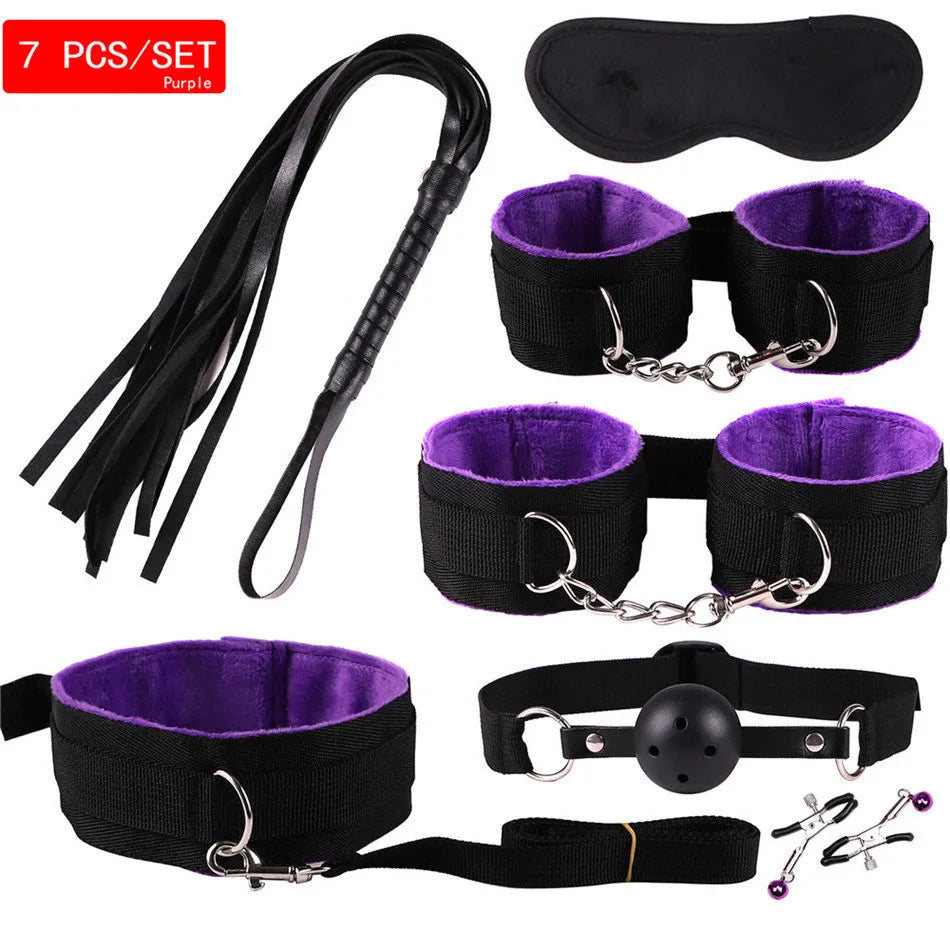Exotic Accessories Nylon Sex Bondage Set Sexy Lingerie Handcuffs Whip Rope Anal Vibrator Adult Sex Toy for Couples