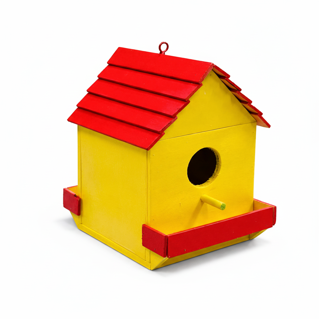 Yellow birdhouse with a red roof on a white background