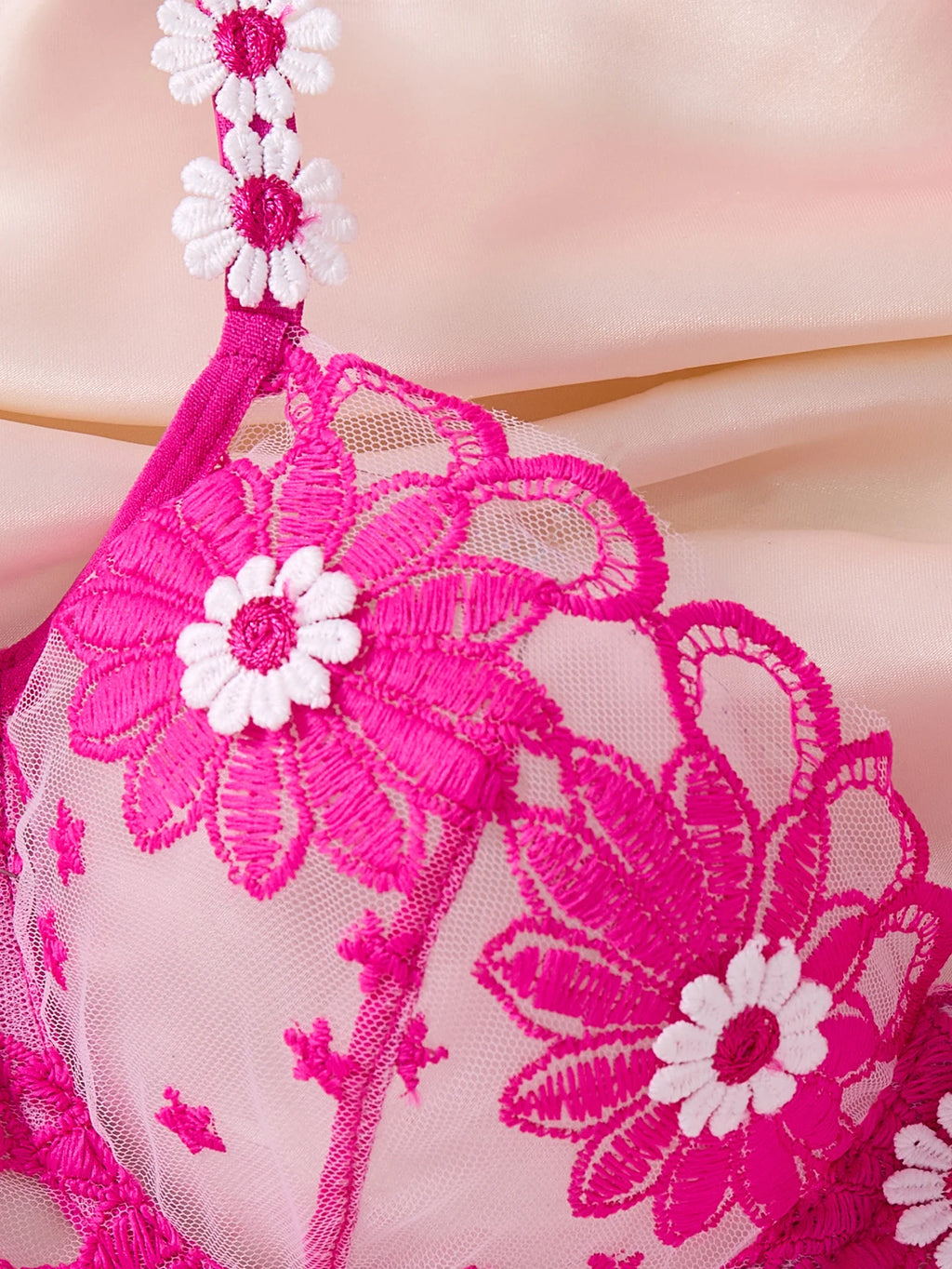 Rose Pink Daisy Embroidered Bra & Thong Set