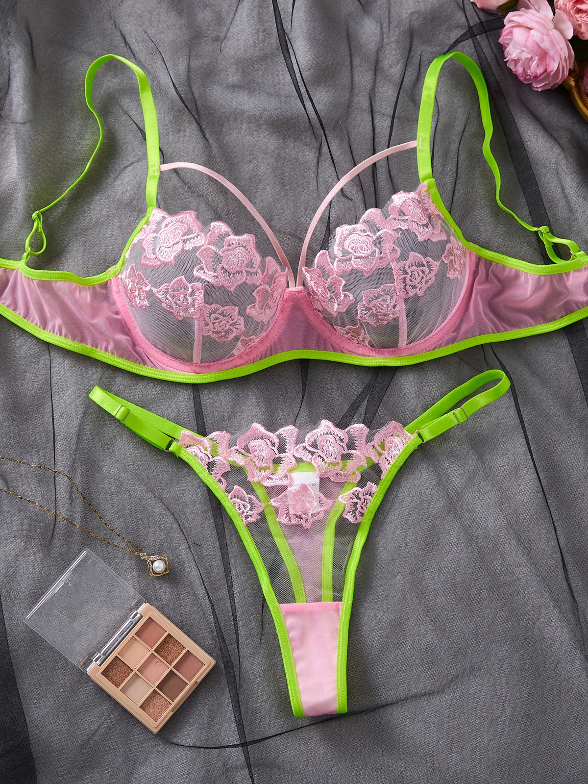 Rose Embroidered Underwire Lingerie Set