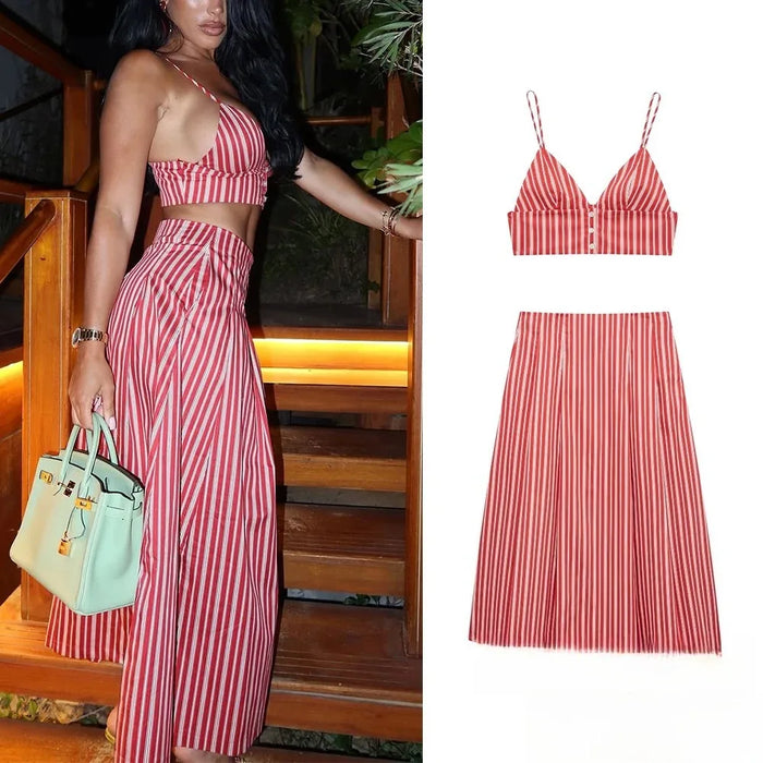KONDALA Sexy Striped Print Women Suits V Neck Corset Short Tops High Waist Loose Skirts Fashion 2025 Summer Beach Style Sets