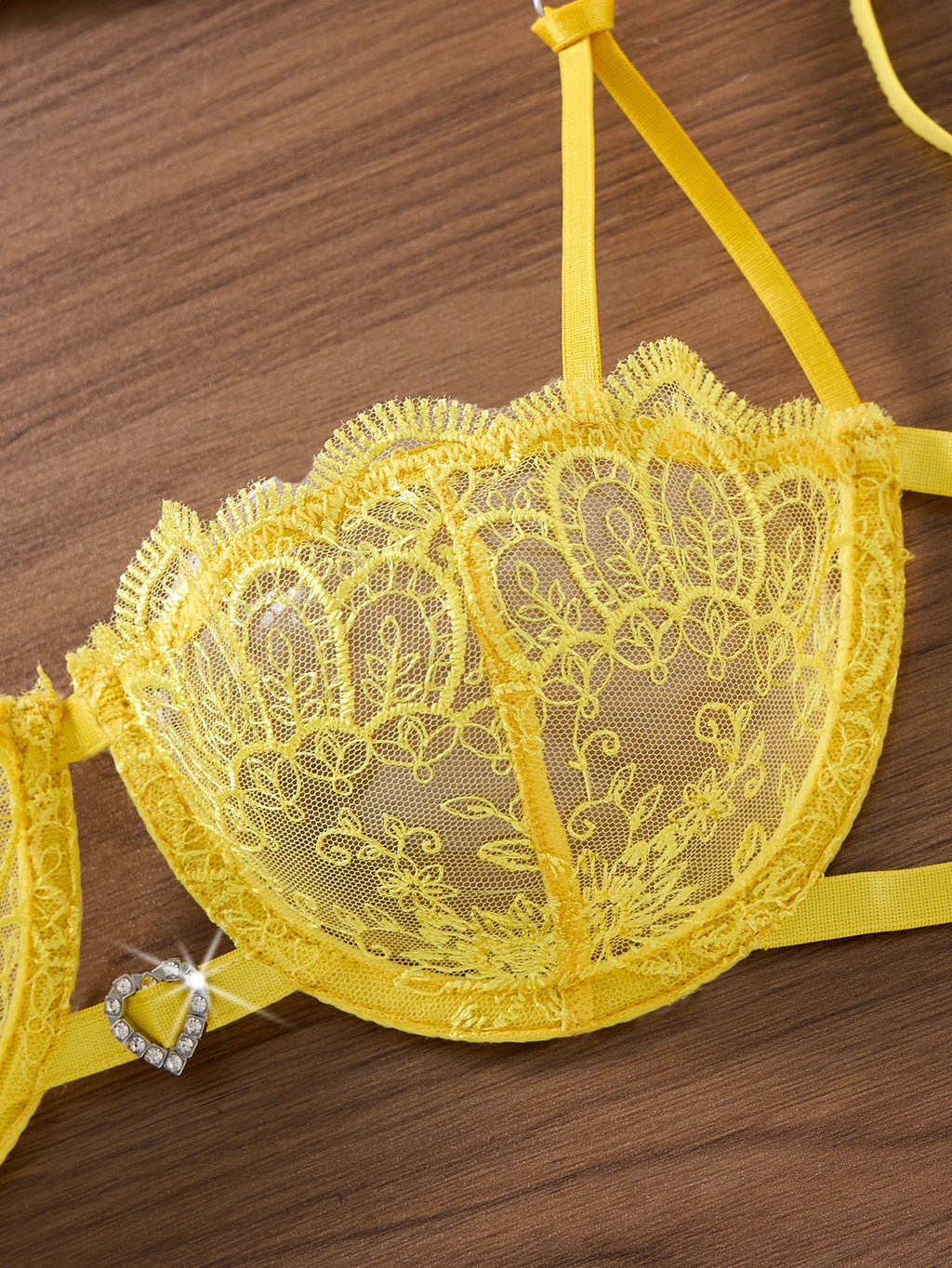 Yellow Floral Embroidered Bra & Tie-Side Thong Set