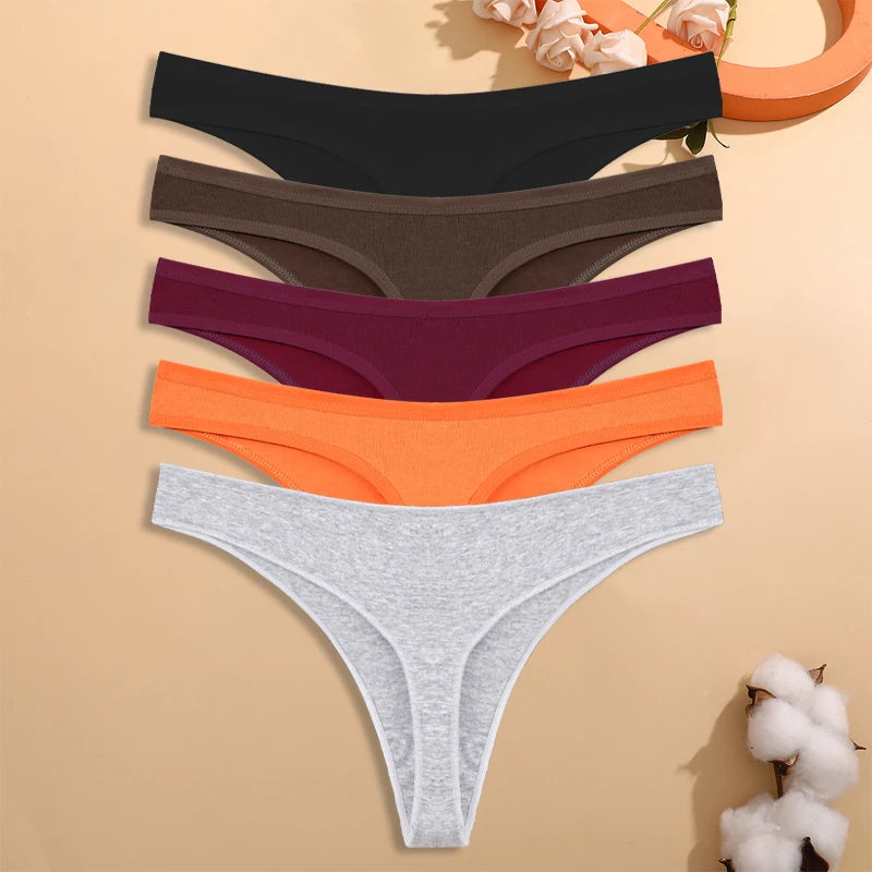 5PCS/Set Women Cotton Thongs Seamless Low Rise Underwear Sexy V-Waist Breathable T-Back Solid Color Girls Comfortable Lingerie