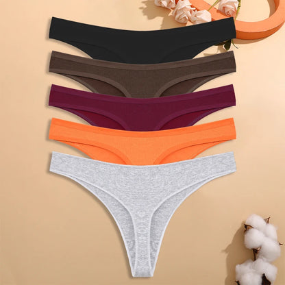 5PCS/Set Women Cotton Thongs Seamless Low Rise Underwear Sexy V-Waist Breathable T-Back Solid Color Girls Comfortable Lingerie